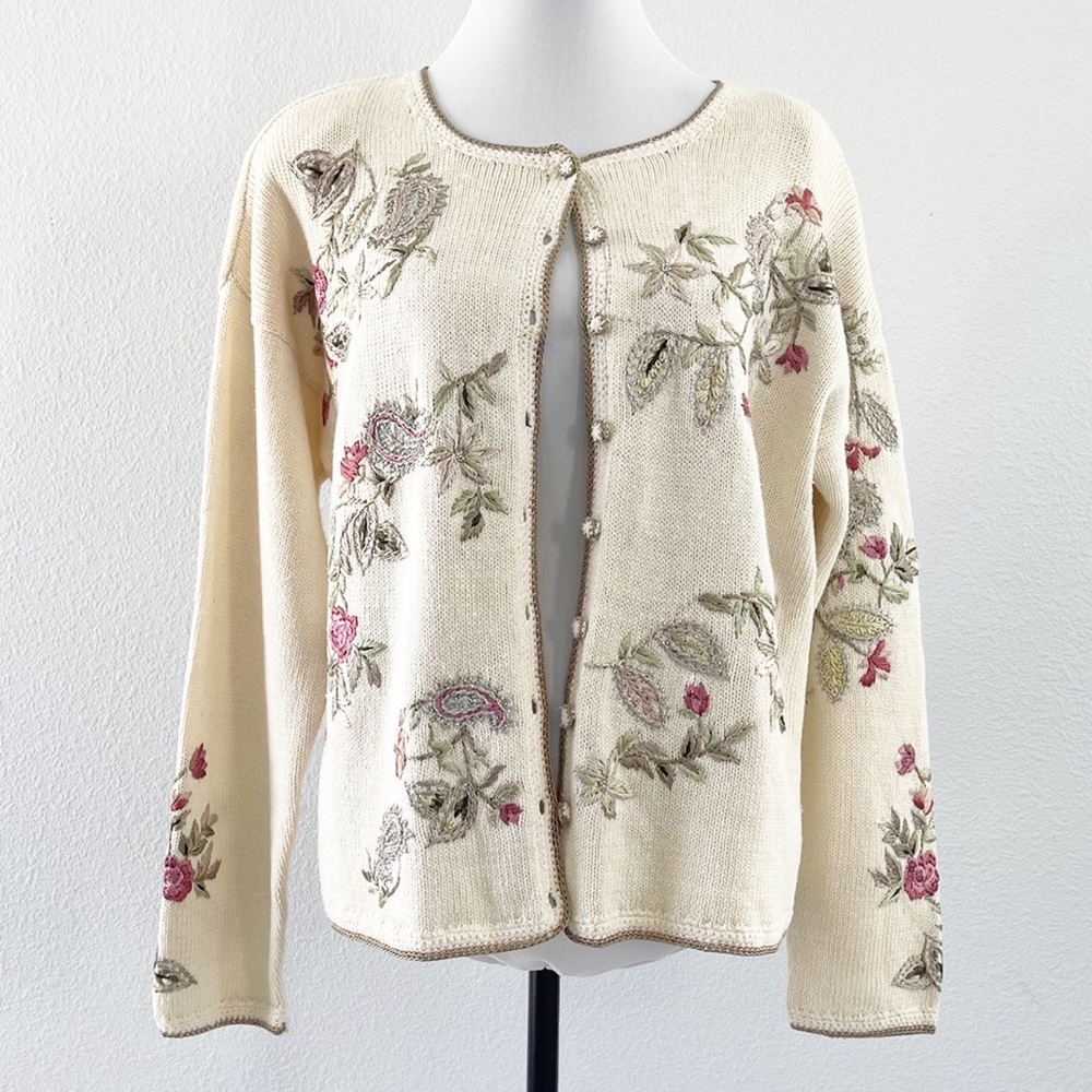 Vtg Tiara International Floral Embroidered Button Padded Shoulder Fall Cardigan